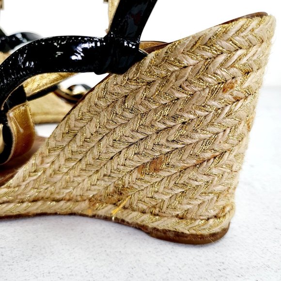 KATE SPADE Wedge Black Leather Espadrilles Sandals 8 Gold Chain Open Toe - Picture 11 of 14